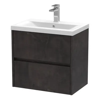 Square Wall Hung Drawer Vanity Unit & Ceramic Basin, 600mm - Textured Matt Metallic Slate