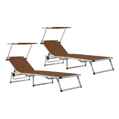 Folding Sun Loungers with Roof pcs Aluminium&Textilene Brown