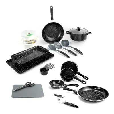 21pc Kitchen Starter Set Black Marble Look Pots Pans Cookware Bakeware