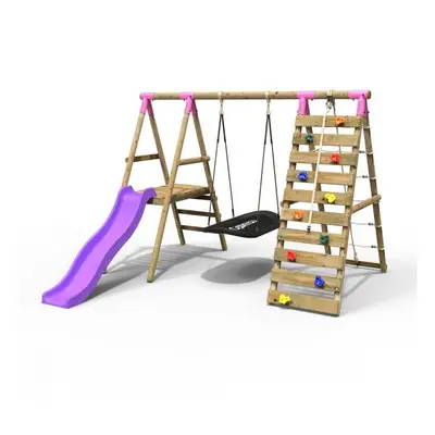 (Onyx, Pink) Rebo Wooden Swing Set with Deck and Slide plus Up and Over Climbing Wall