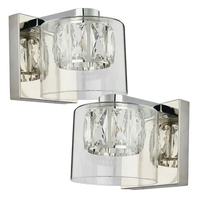 2 PACK Crystal LED Wall Light Square Chrome & Luxury Shade Glass Lamp Fitting