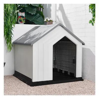 (Grey+White, 62cm W x 61cm D x 60cm H) Waterproof Plastic Dog House Pet Kennel with Door