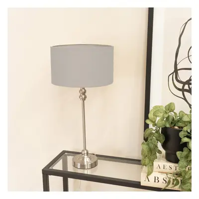 Maggie Chrome Candlestick Table Lamp with Grey Fabric Drum Shade