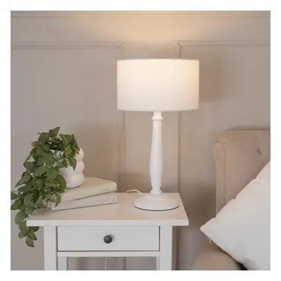 ValueLights Victoria White Drum Shade White Wood Table Lamp & LED Bulb