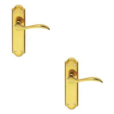 2x PAIR Curved Door Handle Lever on Latch Backplate x 45mm Polished Brass