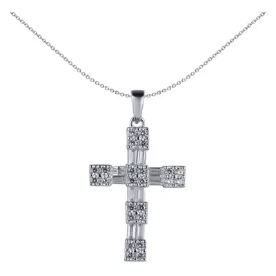 Jewelco London Unisex Rhodium Silver White Baguette CZ Encrusted Station Block Cross Pendant - A