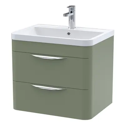 Wall Hung Drawer Vanity Unit with Ceramic Basin - 600mm - Satin Green