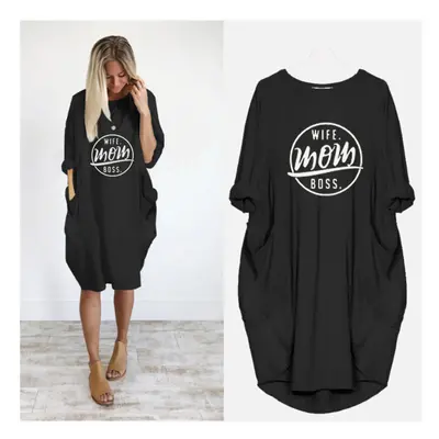 WIFE MOM BOSS Letters Printed Tunic Women's Dress Long Sleeve Casual Woman Midi Dresses Spring S