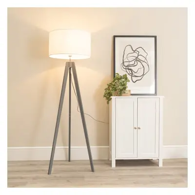 ValueLights Jackson White Shade Grey Wood Tripod Floor Lamp with Bulb