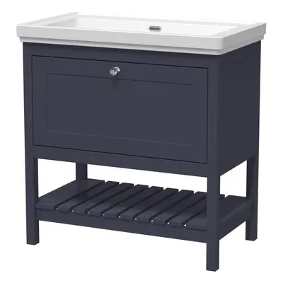 Traditional Furniture Floor Standing Drawer Vanity & Tap Hole Fireclay Basin, 800mm, Indigo Blue