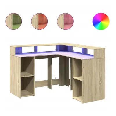 vidaXL Desk with LED Lights Writing Working Table Sonoma Oak Engineered Wood