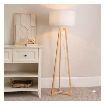 ValueLights Lottie White Shade Natural Wood Tripod Floor Lamp & Bulb