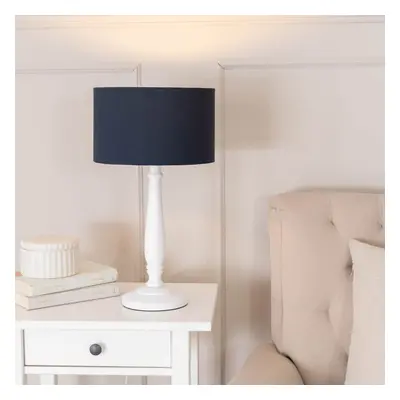 ValueLights Victoria Navy Blue Drum Shade White Wood Stem Table Lamp