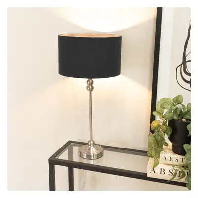 Maggie Chrome Candlestick Table Lamp with Black Fabric Shade & Bulb