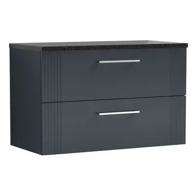 Retro Drawer Wall Hung Vanity Unit with Sparkling Black Laminate Worktop - 800mm - Satin Soft Bl