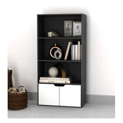 (Black, White) Tier Wooden Bookcase with Doors Shelving Cabinet