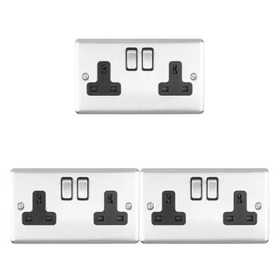 3 PACK Gang Double UK Plug Socket SATIN STEEL & Black 13A Switched Outlet