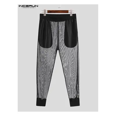 Men's Pants Elastic Waist Mesh Patchwork Sexy See Through Casual Trousers Men Vacation Streetwea