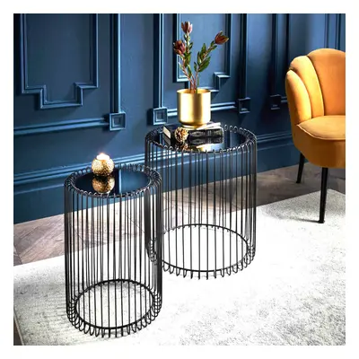 Set Of Round Cage Table With Mirror Top Coffee Table Side Table Living Room