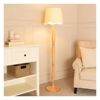 ValueLights Victoria Scallop White Trim Shade Wooden Floor Lamp & Bulb