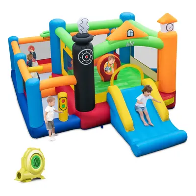 Inflatable Bouncy Castle Train Themed W/Slide Basketball Hoop & Blower