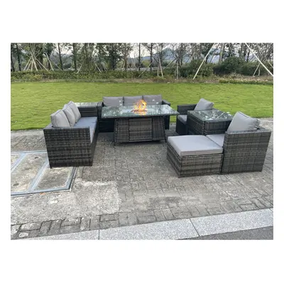 Fimous Outdoor Rattan Garden Furniture Gas Fire Pit Dining Table Sets Chairs Side Table Seater