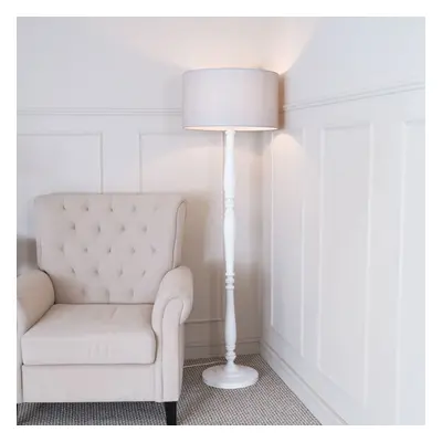 ValueLights Victoria Grey Drum Shade White Wood Floor Lamp & LED Bulb