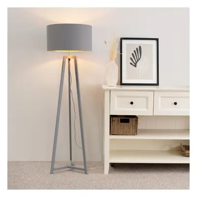 ValueLights Lottie Grey & Copper Shade Grey Wood Tripod Floor Lamp