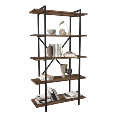 (Burnt Oak) 5-Tier Wooden Bookshelf With Metal Frame