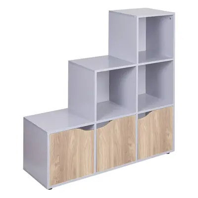 (Grey, Oak) Cube Step Storage Bookcase Shelf Unit Doors Wood