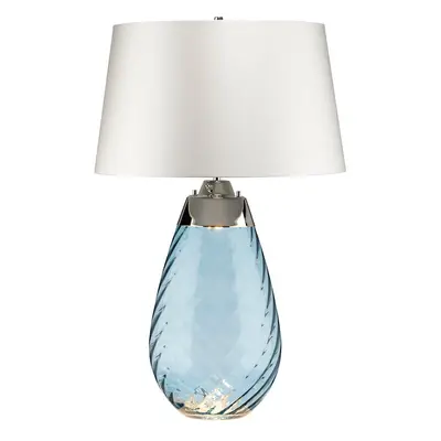 Table Lamp Blue tinted Glass & Off White Shade LED E27 60W Bulb d01881