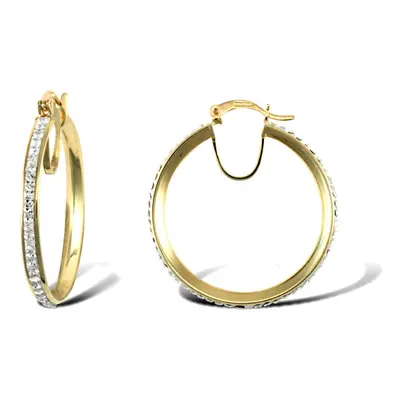 Jewelco London Ladies 9ct Yellow Gold White Round Crystal Eternity 3mm Hoop Earrings 31mm - JER7