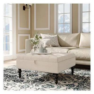 (Beige) Square Tufted Linen Storage Ottoman