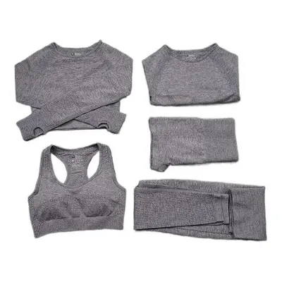 (Grey, 5Pcs Set) Women Seamless Yoga Set Gym SportWear Running Outwork Fitness Long SLeeve High 