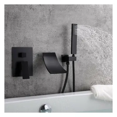 (Black) Waterfall Wall-Mount Tub Faucet with Handheld Shower Head Chrome Spout Bathtub Hand Soli