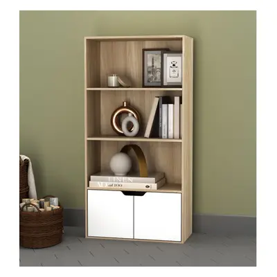 (Oak, White) Tier Wooden Bookcase with Doors Shelving Cabinet