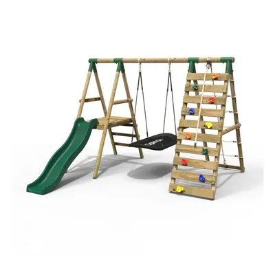 (Onyx, Green) Rebo Wooden Swing Set with Deck and Slide plus Up and Over Climbing Wall