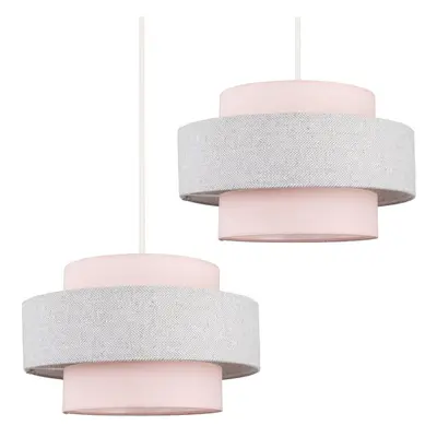 Pair of - Modern Cylinder Ceiling Pendant Light Shades in a Pink & Grey Herringbone Finish - Com