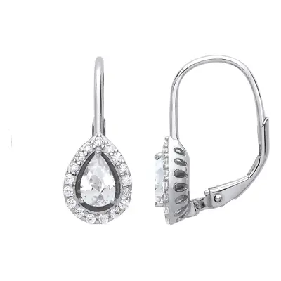 Jewelco London Ladies Rhodium Plated Sterling Silver Pear CZ Tears of Joy Halo Drop Earrings - G