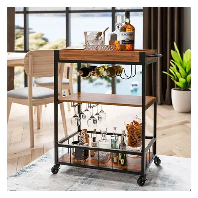 3 Tier Industrial Serving Drink Trolley Cart Wooden Shelf Wine Rack