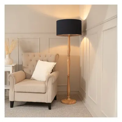 ValueLights Victoria Charcoal Drum Shade Light Wood Stem Floor Lamp