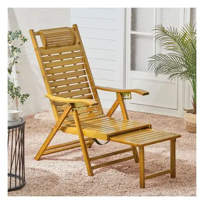 (Wood) Bamboo Foldable Recliner Lounge Chair with Retractable Footrest