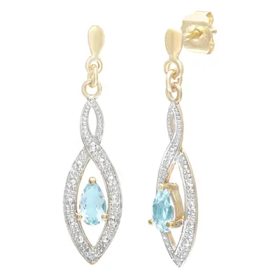 Jewelco London 9ct Yellow Gold Round 1pts Diamond Pear 1/2ct Blue Topaz Teardrop Drop Earrings -