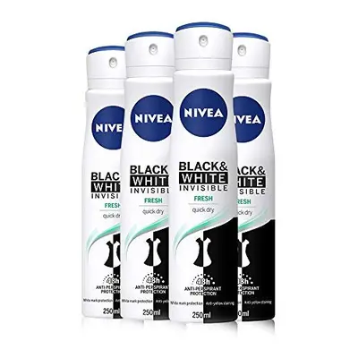 NIVEA Black & White Invisible Fresh Anti-Perspirant Deodorant Spray Pack of (4 x 250ml), 48hr Fr