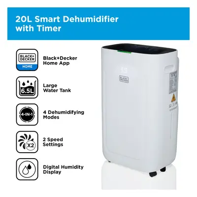 BLACK+DECKER BXEH60014GB 20L Smart Dehumidifier, Modes, Quiet, 6.5L Water Tank, Hour Timer, Whit