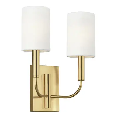 Twin Wall Light White Linen Cylindrical Shades Burnished Brass LED E14 60W