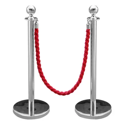 (Red Twisted) 2x Polished Steel Queue Rope Barrier Posts Stands Twisted Rope