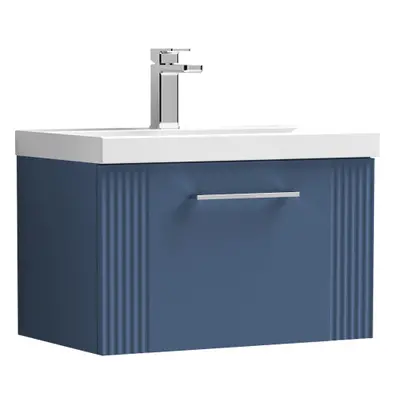 Retro Drawer Wall Hung Vanity Unit with Mid-Edge Tap Hole Ceramic Basin - 600mm - Satin Blue - B