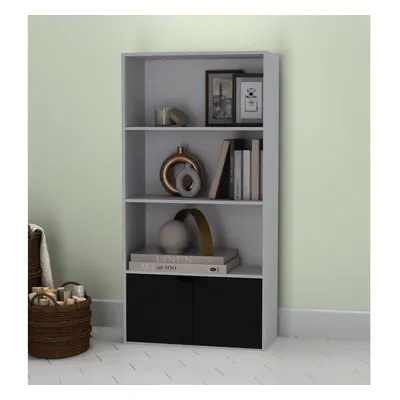 (Grey, Black) Tier Wooden Bookcase with Doors Shelving Cabinet