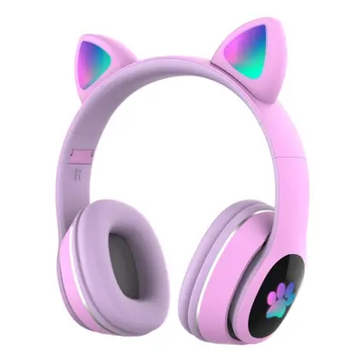 (Purple) Over Ear Music Wireless Headset Glowing Cat Headphones Color Breathing Lights